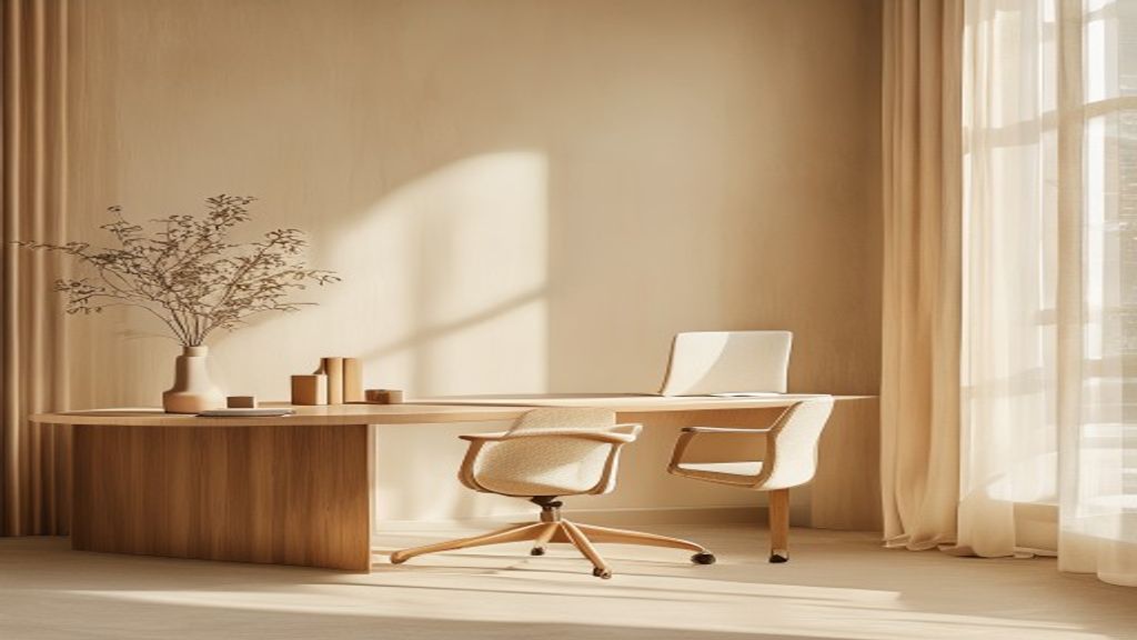Välorganiserad skrivbord med ergonomisk möbel och naturligt ljus